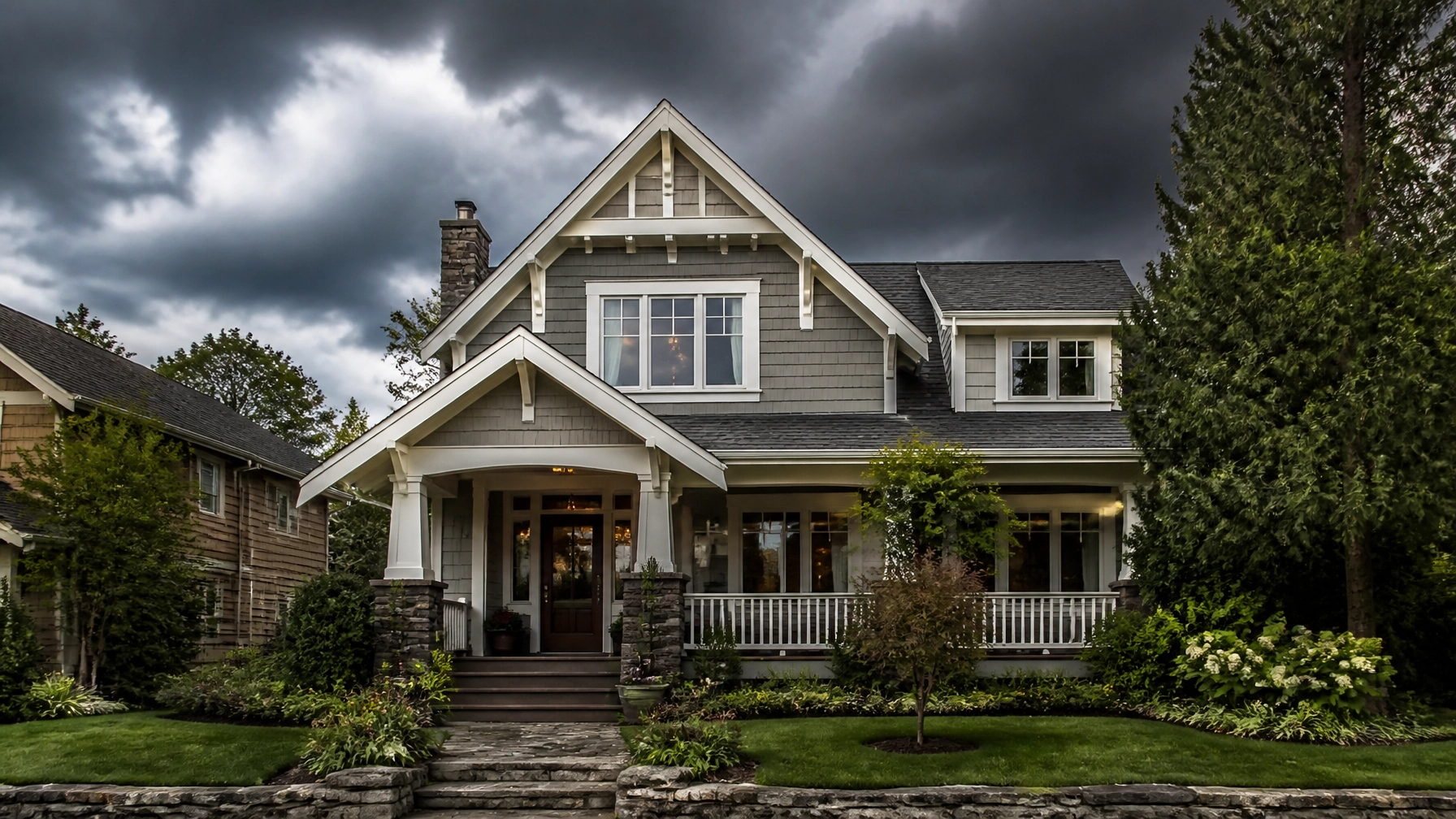 A high-resolution photo of a beautiful craftsman-style home in a Chattanooga neighborhood under a dramatic, dark storm sky.