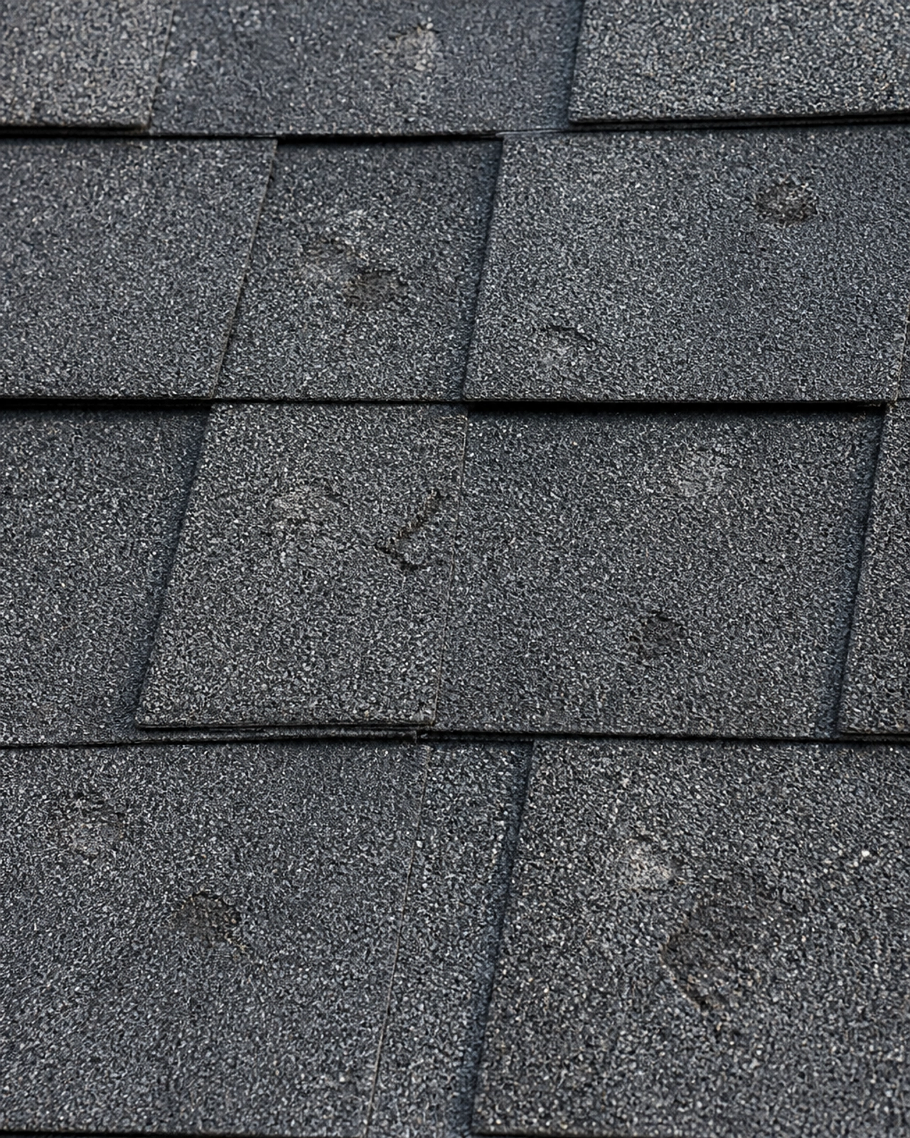 Close-up of asphalt shingles showing subtle hail damage and granule loss.