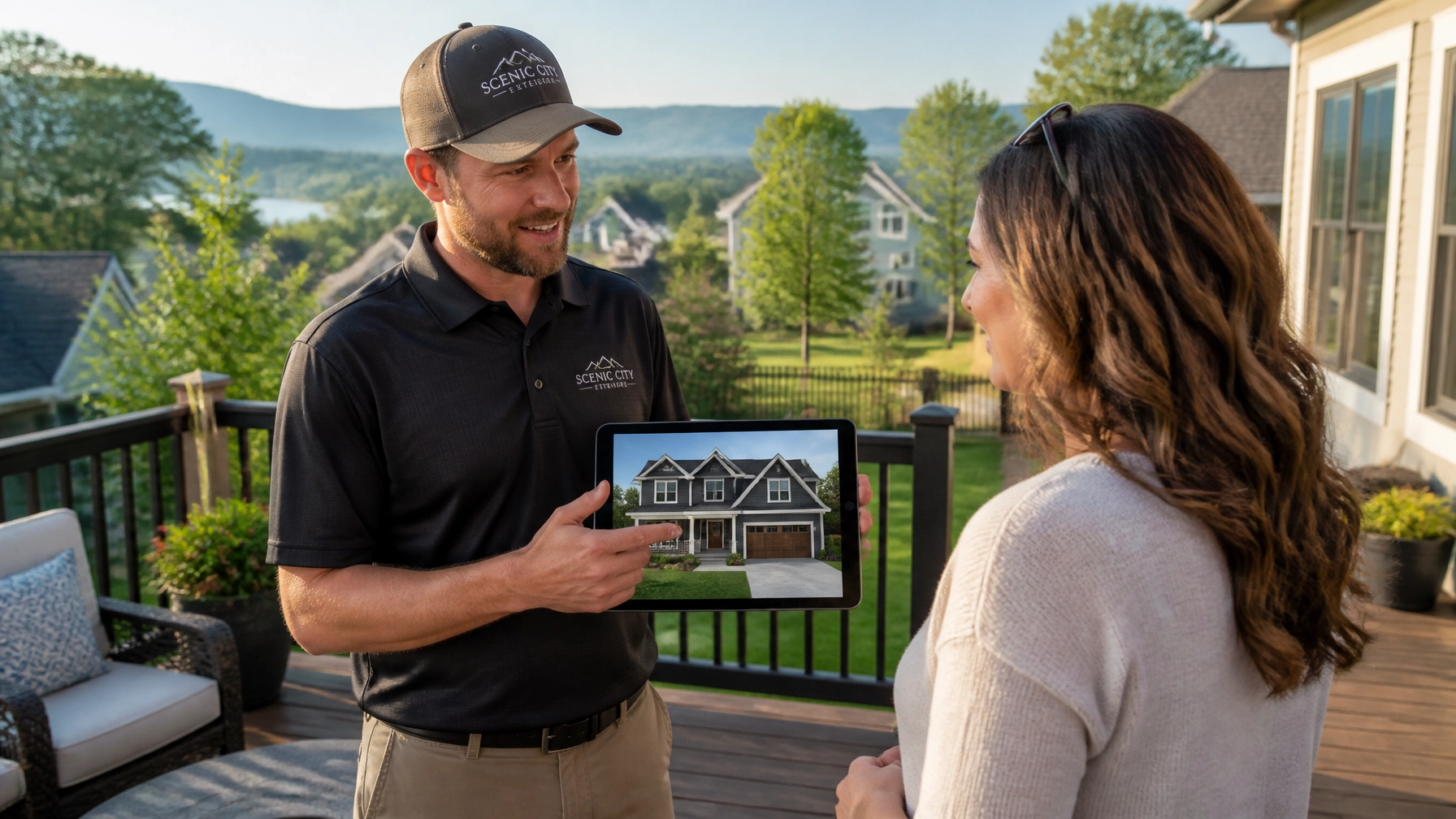 An expert home exterior consultant showing a 3D rendering of a project to a homeowner on a deck.